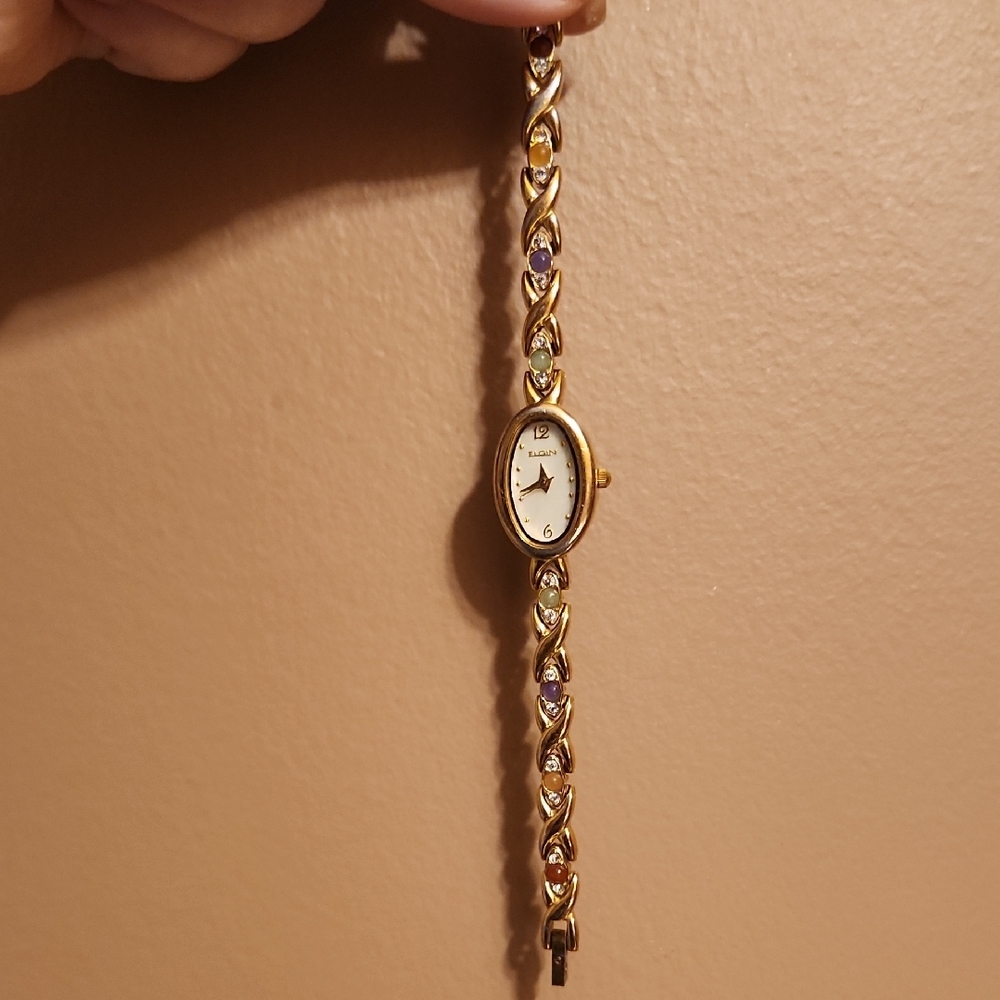Elgin Rare Vintage Posh Bejeweled Bracelet Wristwatch Gold,Jade,Opal